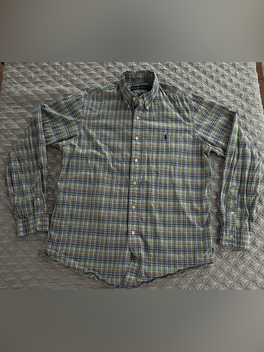 Ralph Lauren Button Down Shirt Men’s Large Plaid Green Purple Long Sleeve Cotton